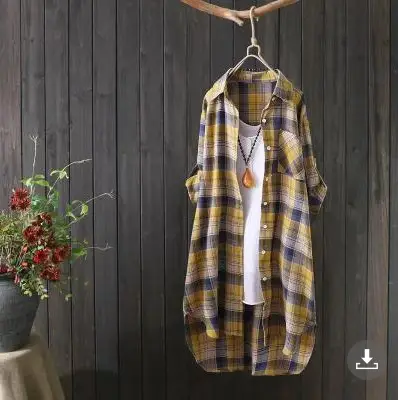 Women Plaid Mid-Length Shirt Plus Size 2025 Spring Fall - Image 9