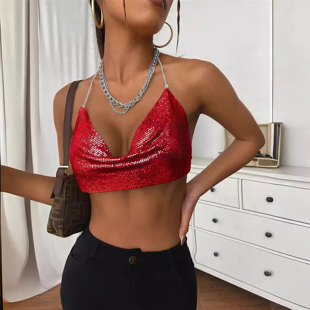 Red Sequin Backless Bra Under Bustle Deep V Navel Vest