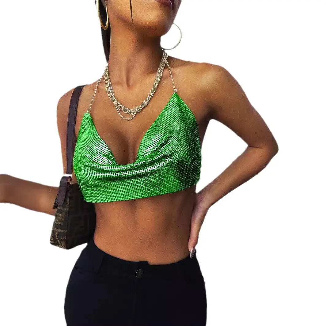 Red Sequin Backless Bra Under Bustle Deep V Navel Vest