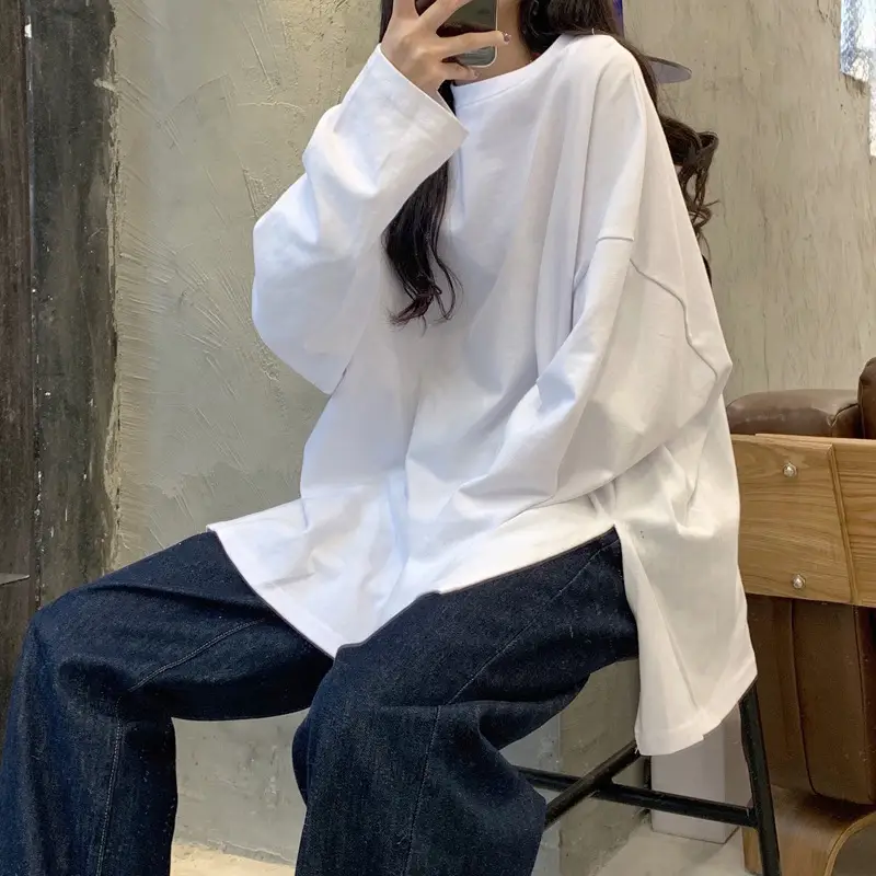 Women Long Sleeve T-Shirt White Korean Style Loose Fit - Image 4