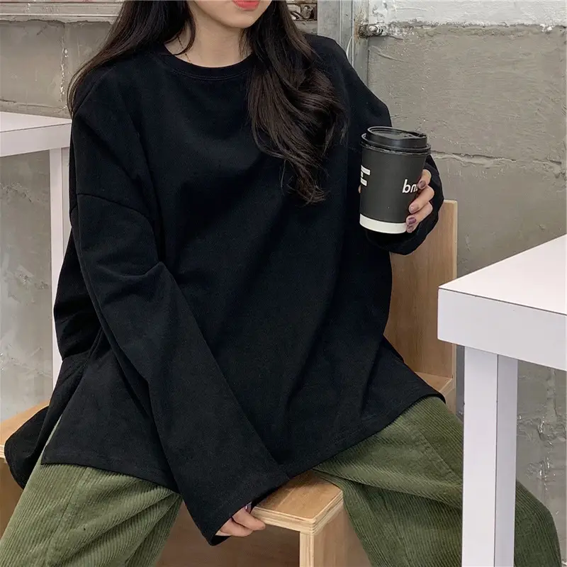 Women Long Sleeve T-Shirt White Korean Style Loose Fit - Image 5