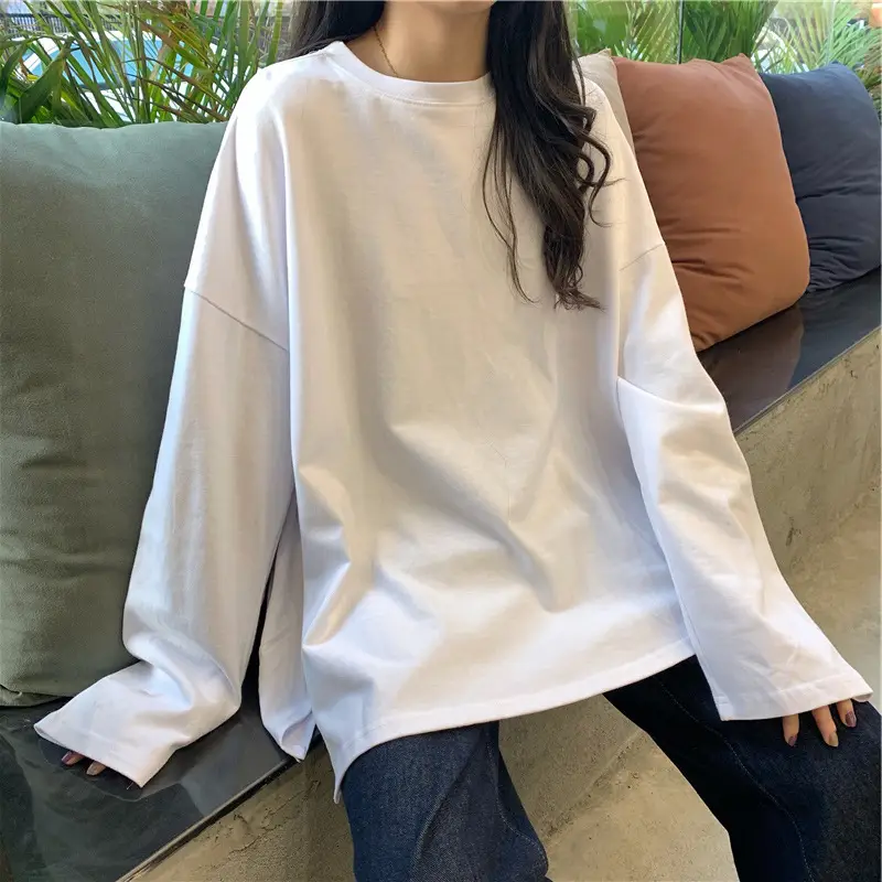 Women Long Sleeve T-Shirt White Korean Style Loose Fit - Image 6