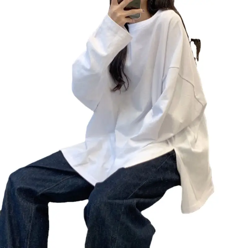 Women Long Sleeve T-Shirt White Korean Style Loose Fit - Image 8