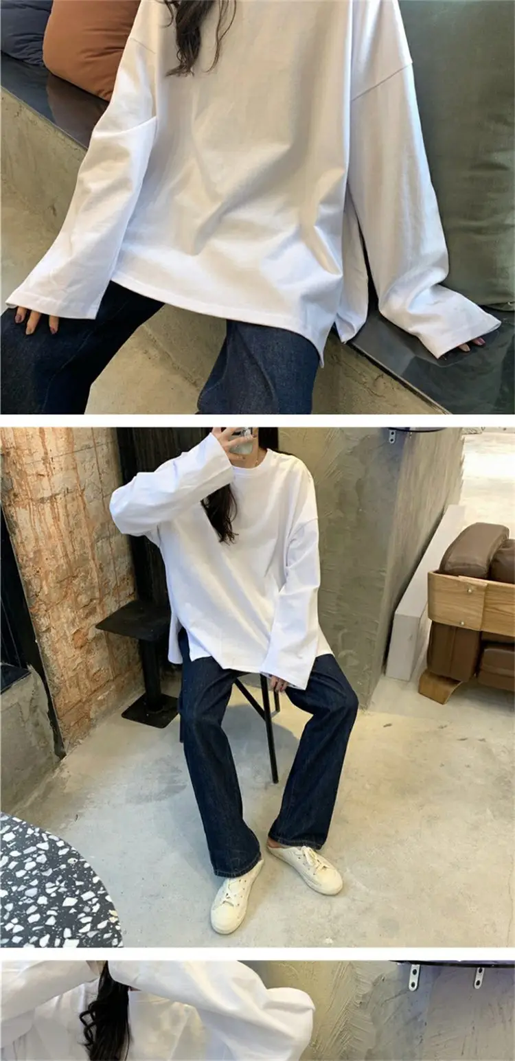 Women Long Sleeve T-Shirt White Korean Style Loose Fit — feature 13