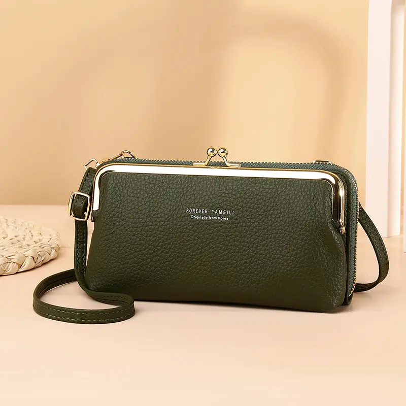 Green Crossbody Phone Bag with Pebbled Leather Design - Image 3