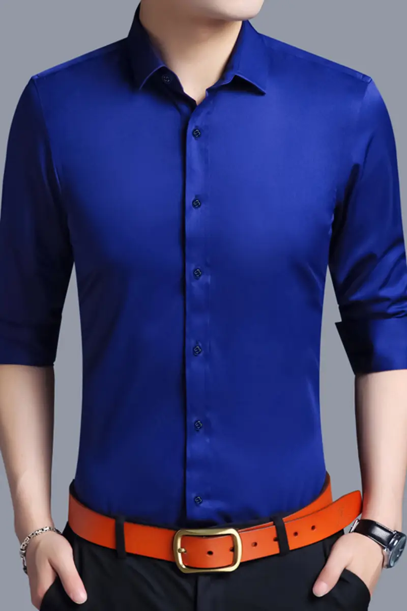 Men's Purple Ice Silk Long Sleeve Shirt - Image 14