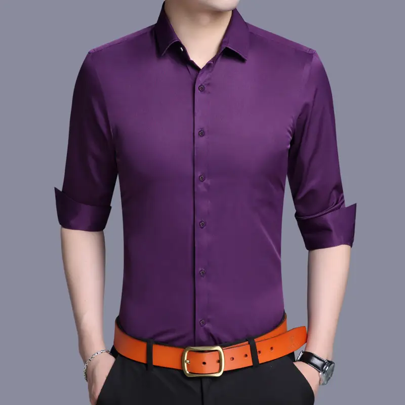 Men's Purple Ice Silk Long Sleeve Shirt - Image 8