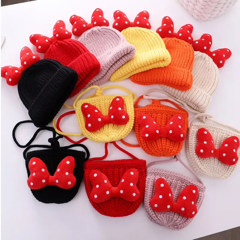 Baby girl hat cute bowknot girls' wool hat baby Autumn and Winter Children's hat bag suit