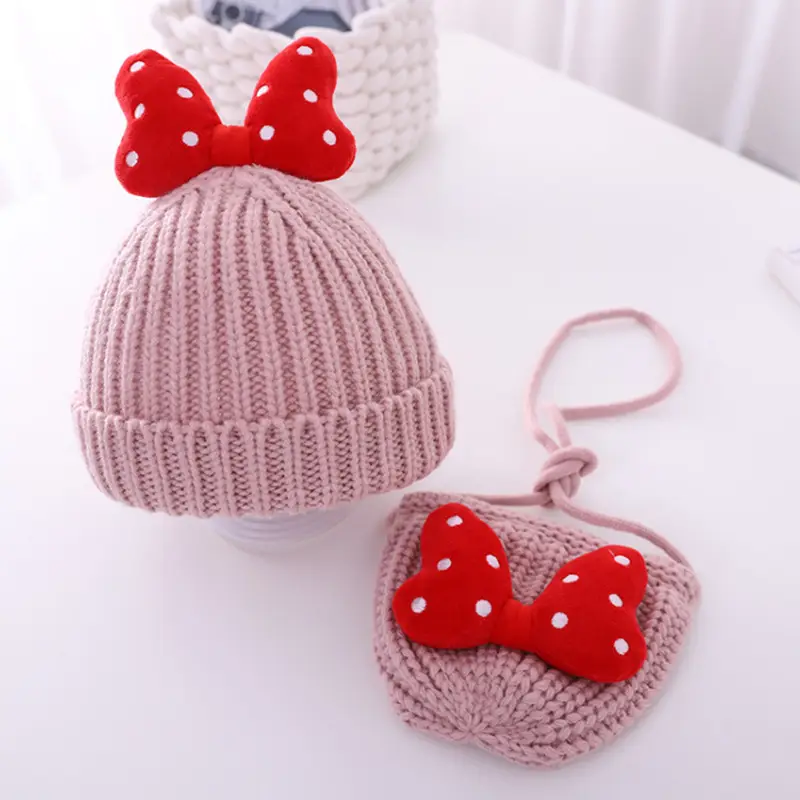 Baby girl hat cute bowknot girls' wool hat baby Autumn and Winter Children's hat bag suit