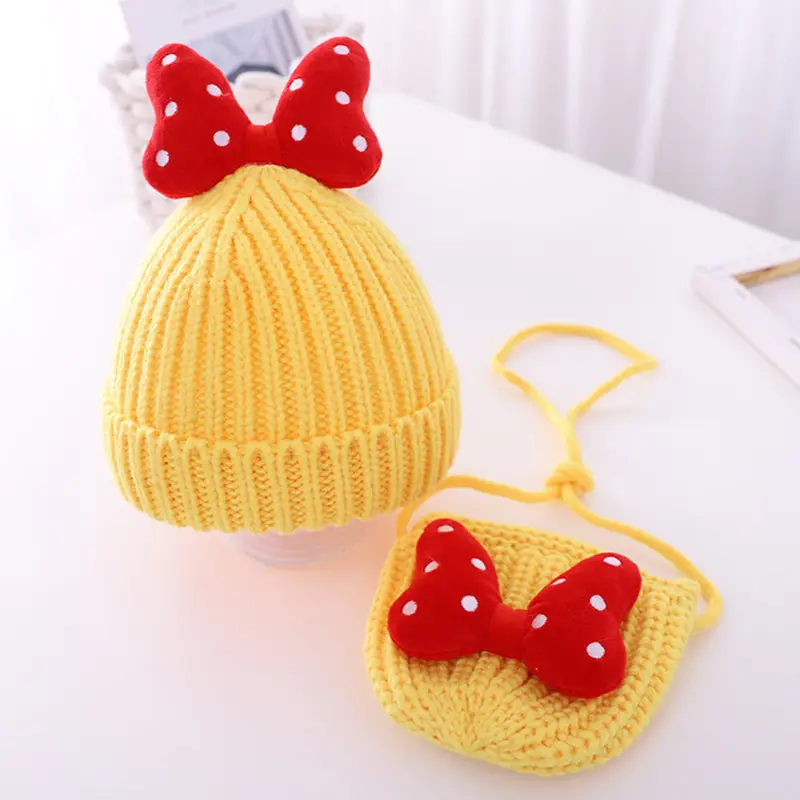 Baby girl hat cute bowknot girls' wool hat baby Autumn and Winter Children's hat bag suit