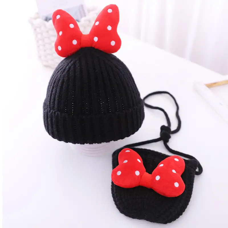 Baby girl hat cute bowknot girls' wool hat baby Autumn and Winter Children's hat bag suit