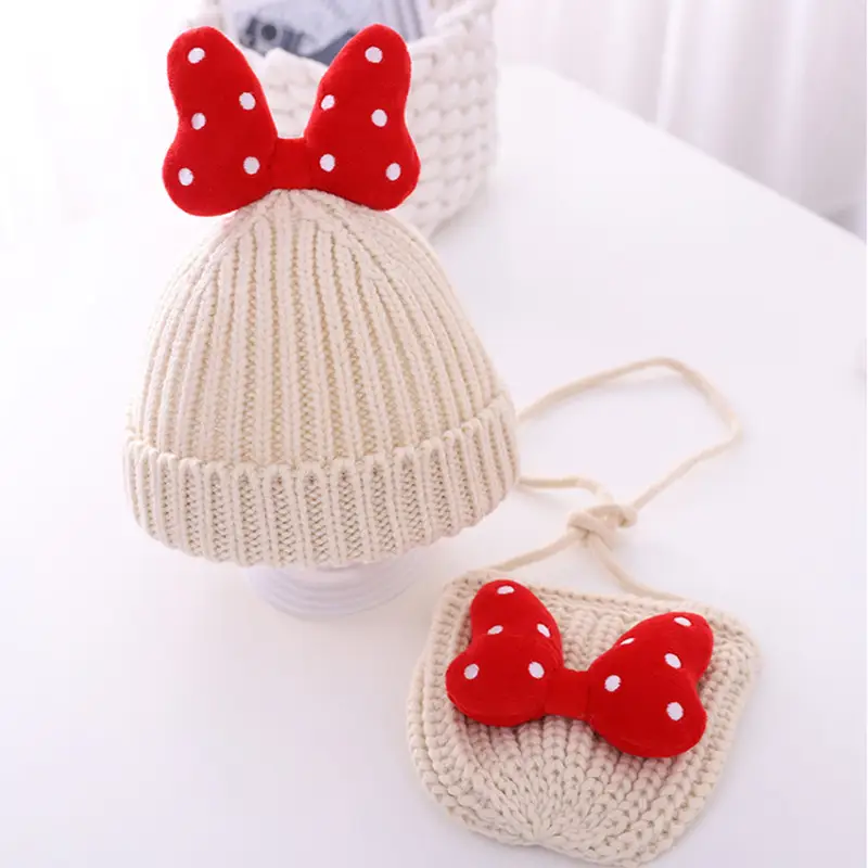 Baby girl hat cute bowknot girls' wool hat baby Autumn and Winter Children's hat bag suit