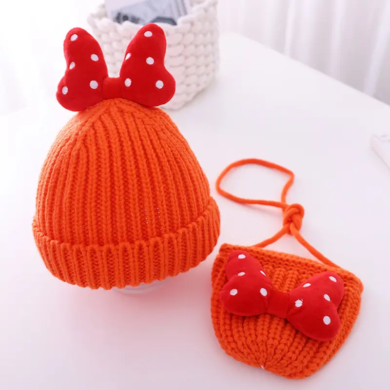 Baby girl hat cute bowknot girls' wool hat baby Autumn and Winter Children's hat bag suit