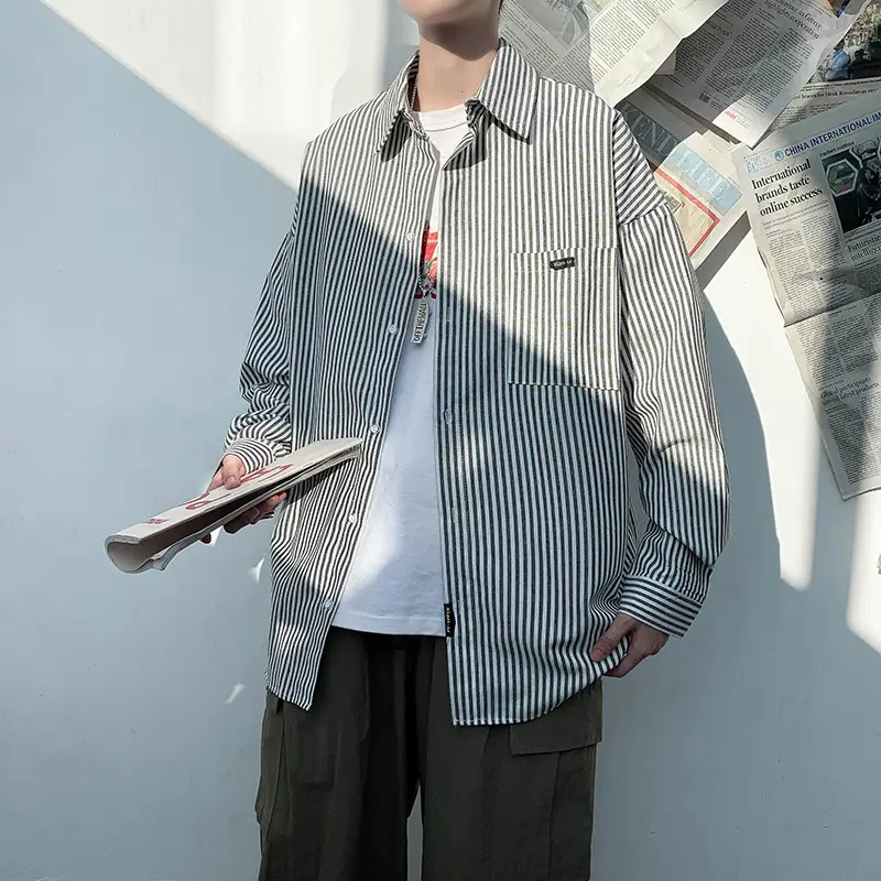 Men Long Striped Shirt White Black Loose Fit Autumn - Image 5