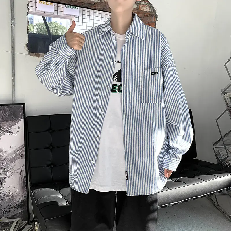 Men Long Striped Shirt White Black Loose Fit Autumn - Image 6