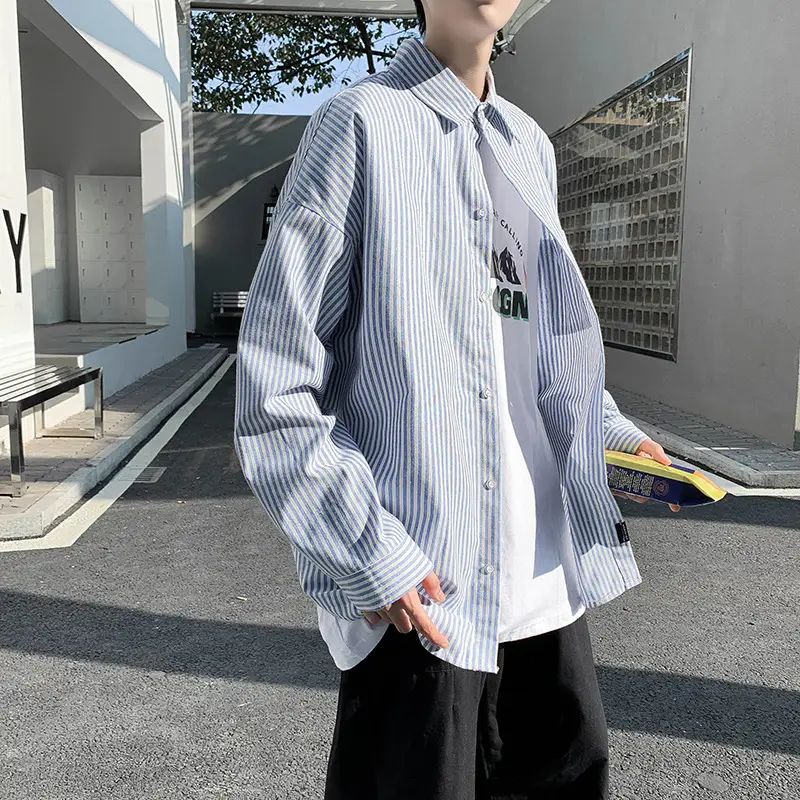 Men Long Striped Shirt White Black Loose Fit Autumn - Image 7