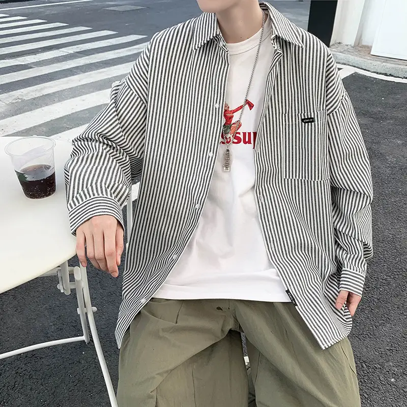 Men Long Striped Shirt White Black Loose Fit Autumn - Image 2