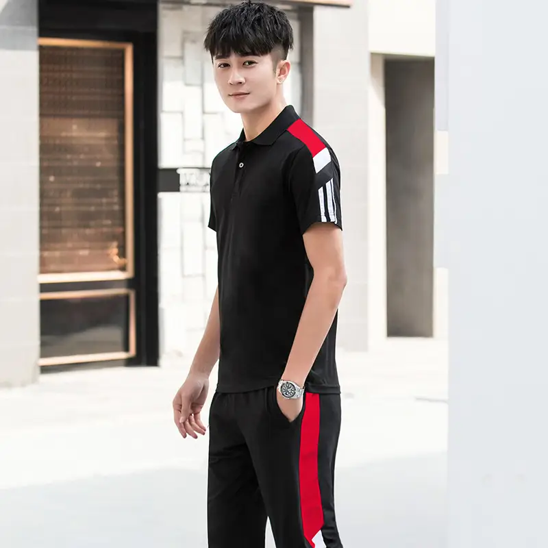 Men's Black Red Stripe Sports Suit Summer Fitness