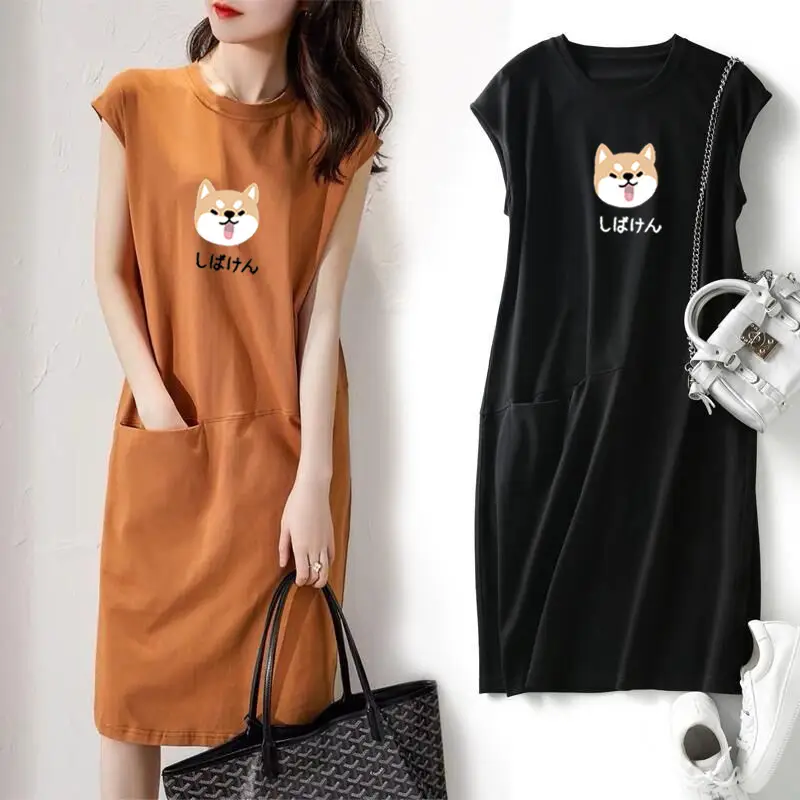 Women Korean Style Loose T-Shirt Dress Black Mid-Length - Image 3