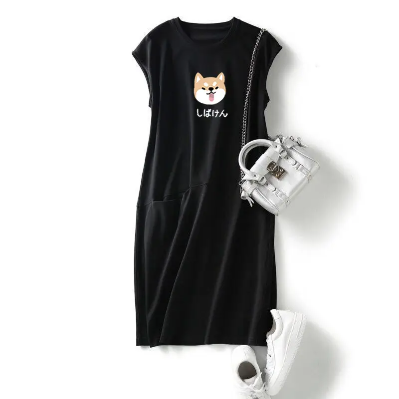 Women Korean Style Loose T-Shirt Dress Black Mid-Length — feature 14