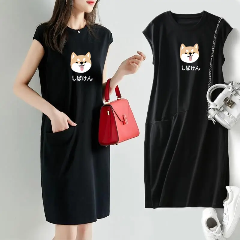 Women Korean Style Loose T-Shirt Dress Black Mid-Length — feature 2