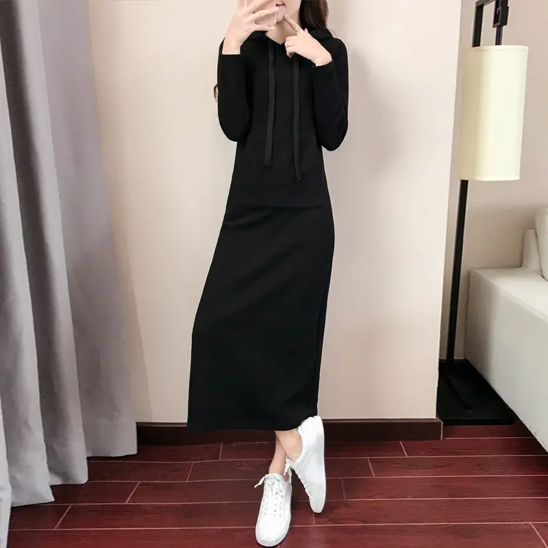 Women Gray Cotton Hoodie Skirt Set Mid Length - Image 2