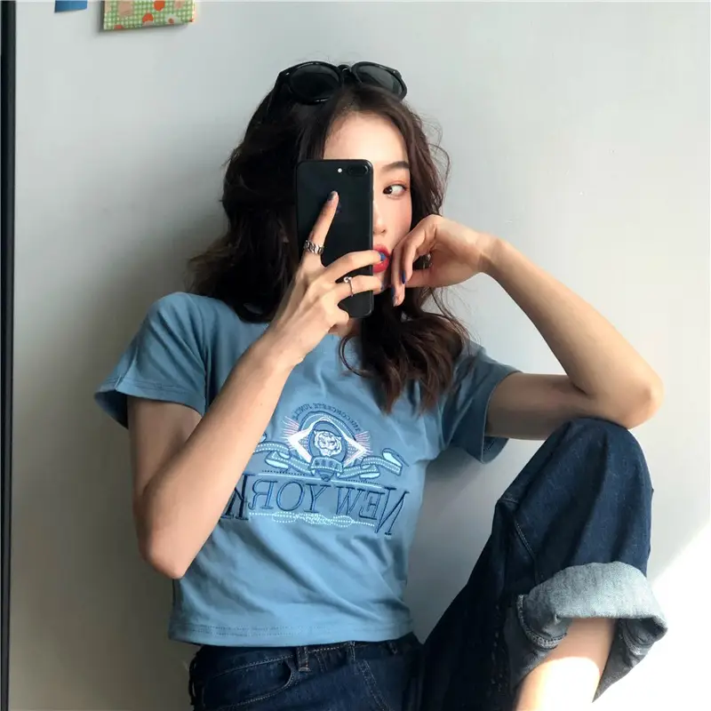 Women Short Sleeve T-Shirt Blue New Korean Style - Image 2