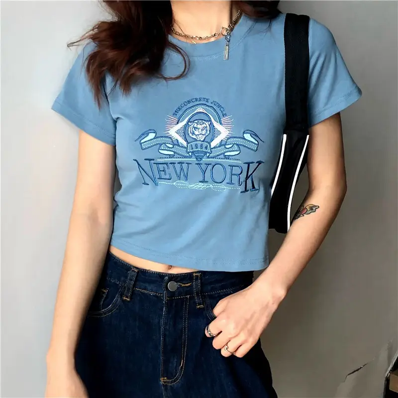 Women Short Sleeve T-Shirt Blue New Korean Style - Image 3