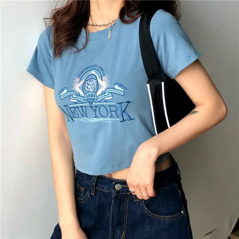 Women Short Sleeve T-Shirt Blue New Korean Style - Image 4