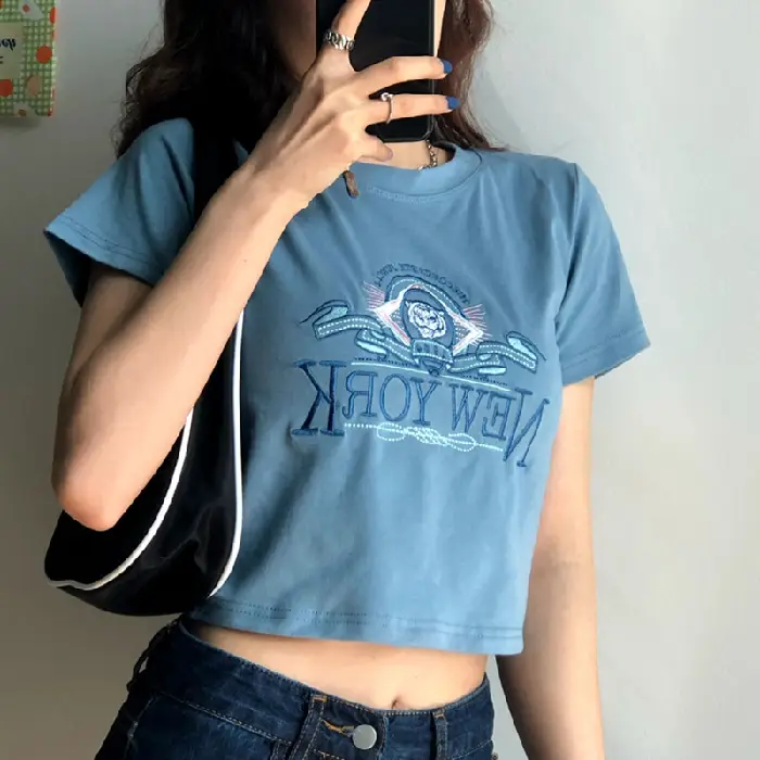 Women Short Sleeve T-Shirt Blue New Korean Style - Image 5