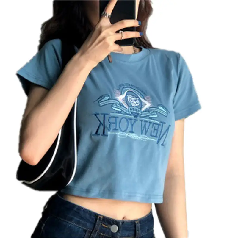 Women Short Sleeve T-Shirt Blue New Korean Style - Image 6