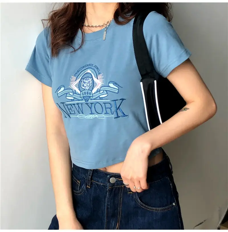 Women Short Sleeve T-Shirt Blue New Korean Style — feature 10