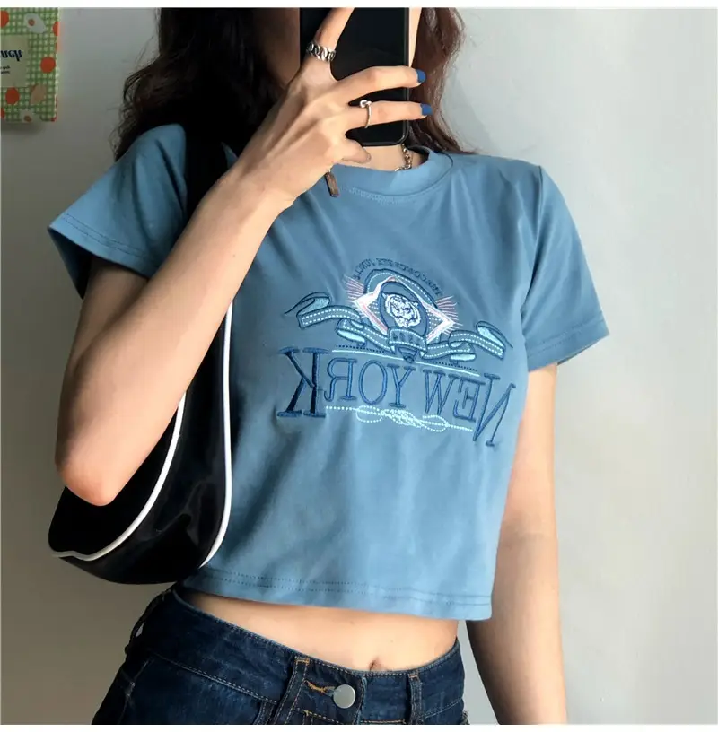 Women Short Sleeve T-Shirt Blue New Korean Style — feature 11