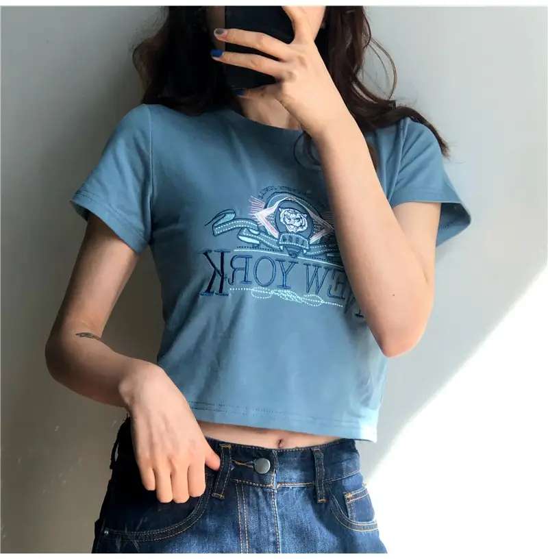 Women Short Sleeve T-Shirt Blue New Korean Style — feature 12