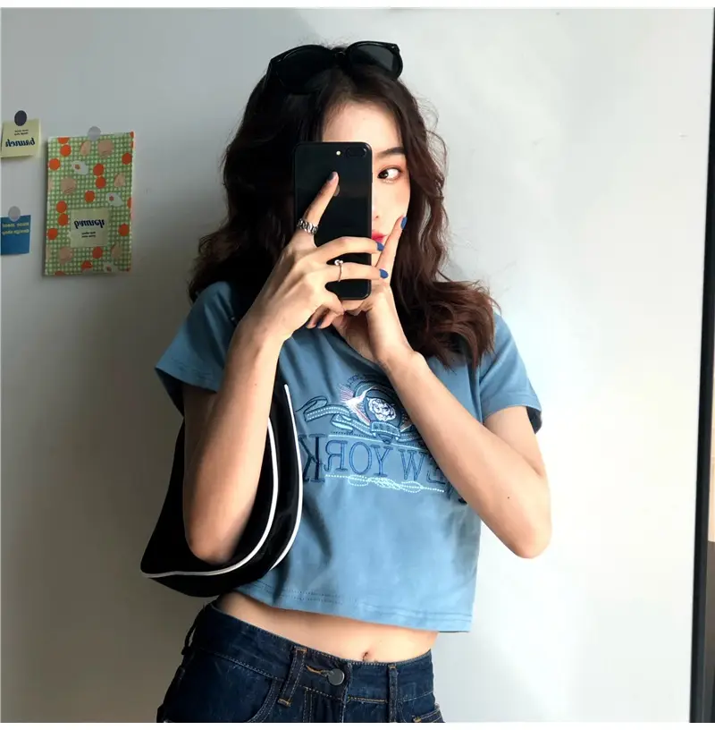 Women Short Sleeve T-Shirt Blue New Korean Style — feature 13