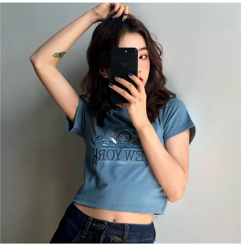 Women Short Sleeve T-Shirt Blue New Korean Style — feature 2