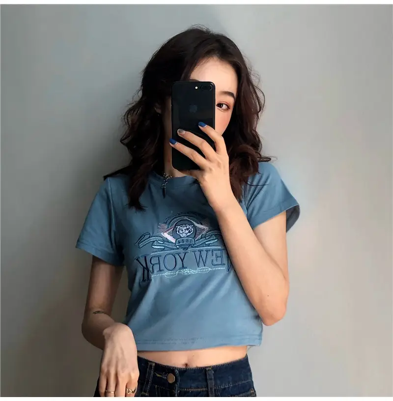 Women Short Sleeve T-Shirt Blue New Korean Style — feature 3