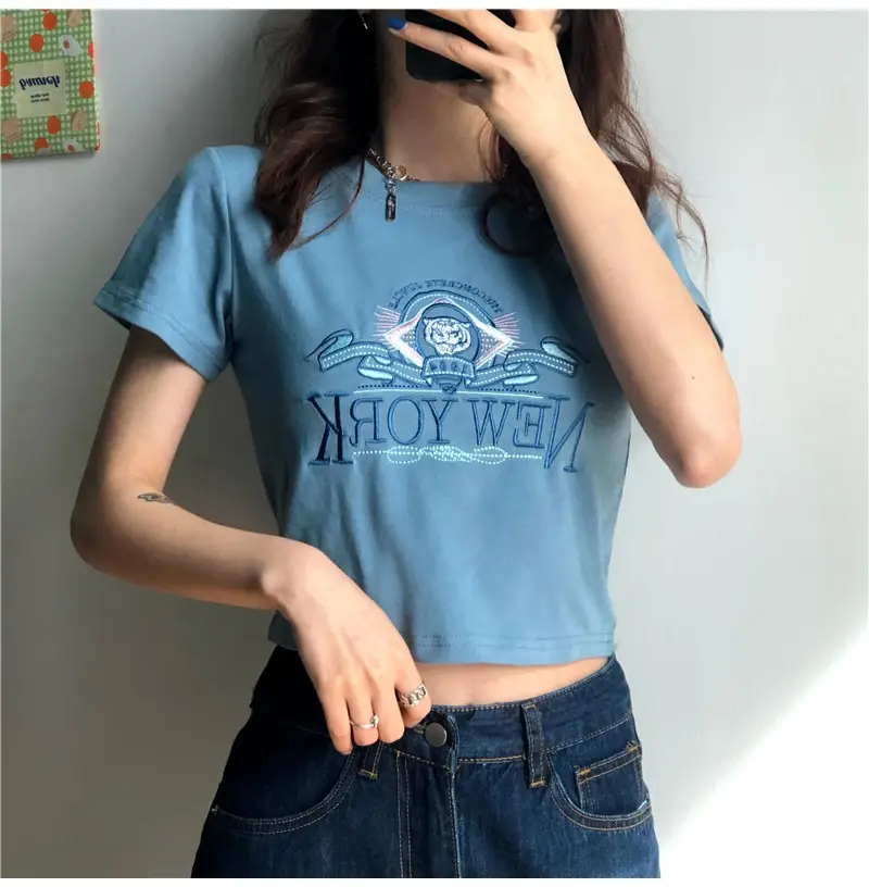 Women Short Sleeve T-Shirt Blue New Korean Style — feature 4