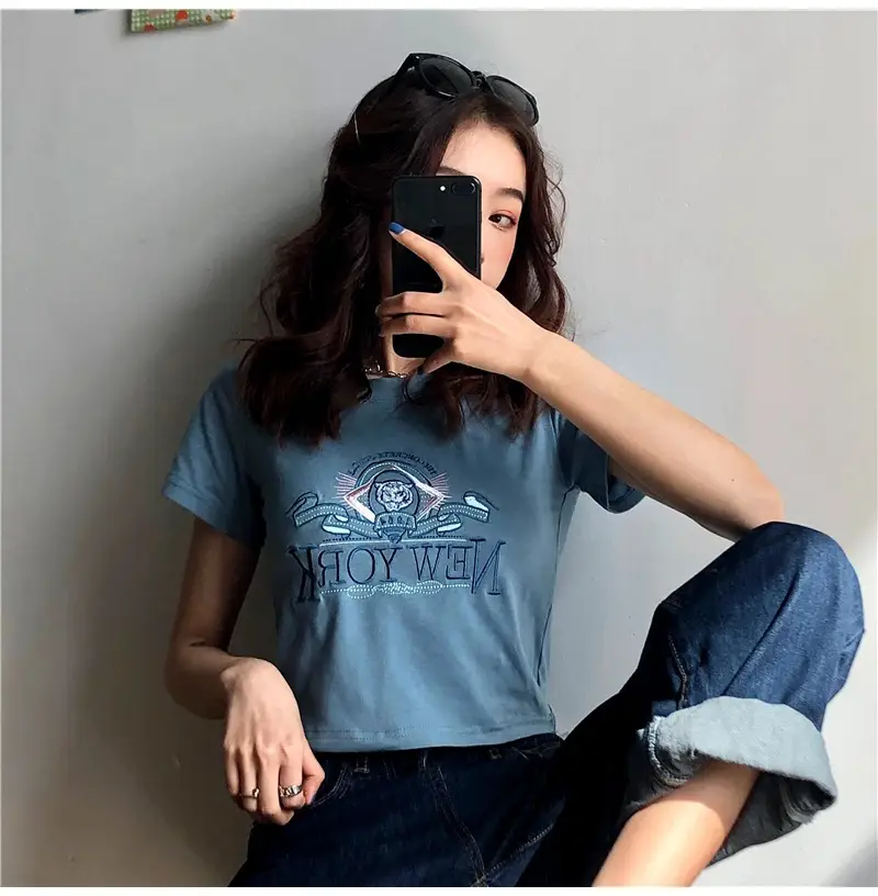 Women Short Sleeve T-Shirt Blue New Korean Style — feature 5