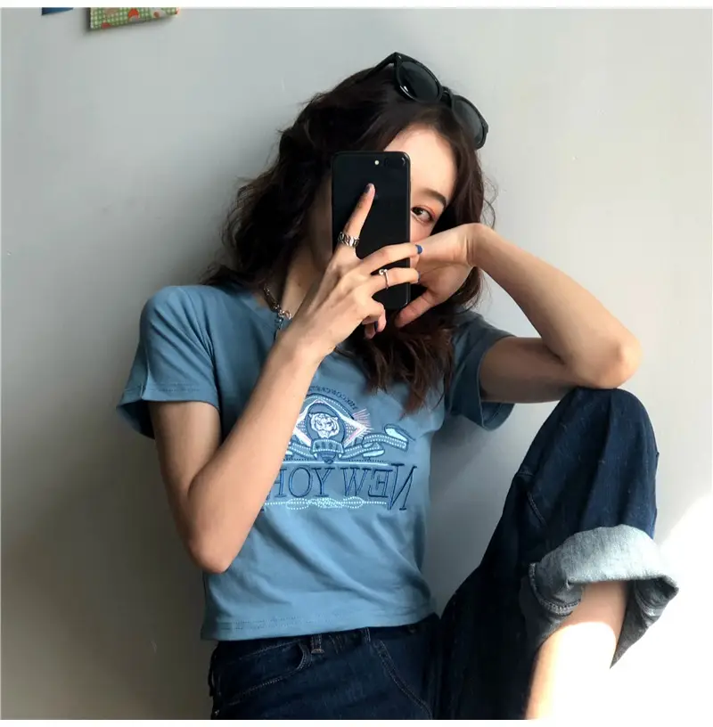Women Short Sleeve T-Shirt Blue New Korean Style — feature 6