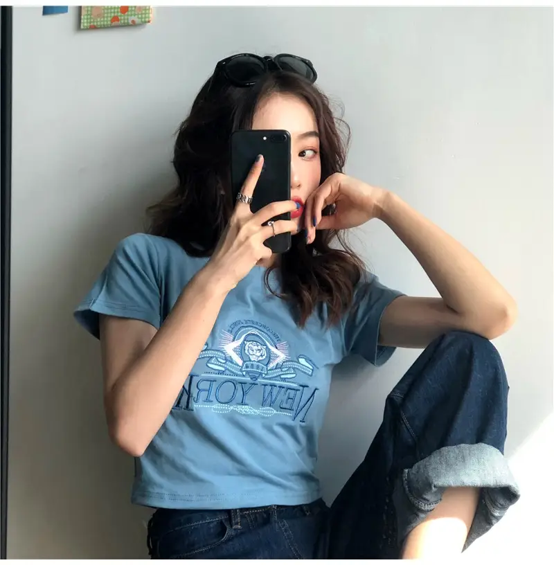 Women Short Sleeve T-Shirt Blue New Korean Style — feature 7