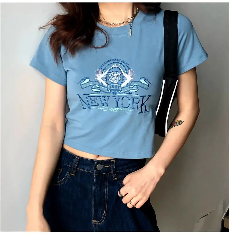 Women Short Sleeve T-Shirt Blue New Korean Style — feature 8