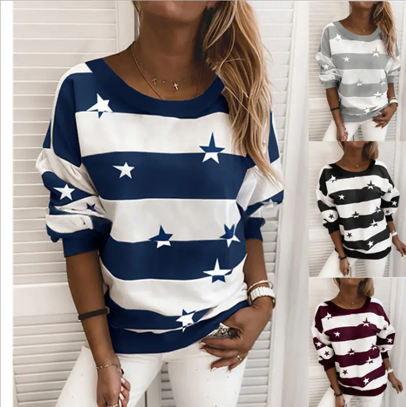 Women's Maroon White Star Striped Long Sleeve Sweatshirt - Image 4