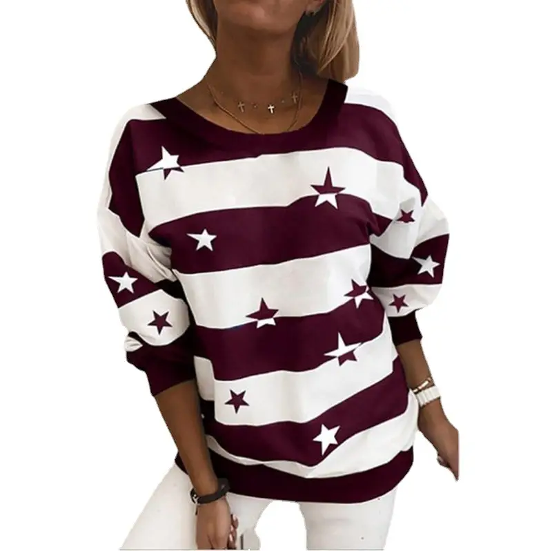 Women's Maroon White Star Striped Long Sleeve Sweatshirt - Image 8
