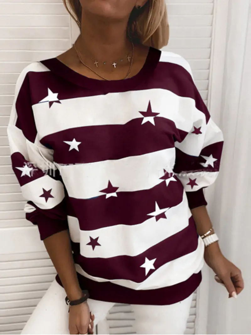 Women's Maroon White Star Striped Long Sleeve Sweatshirt - Image 3