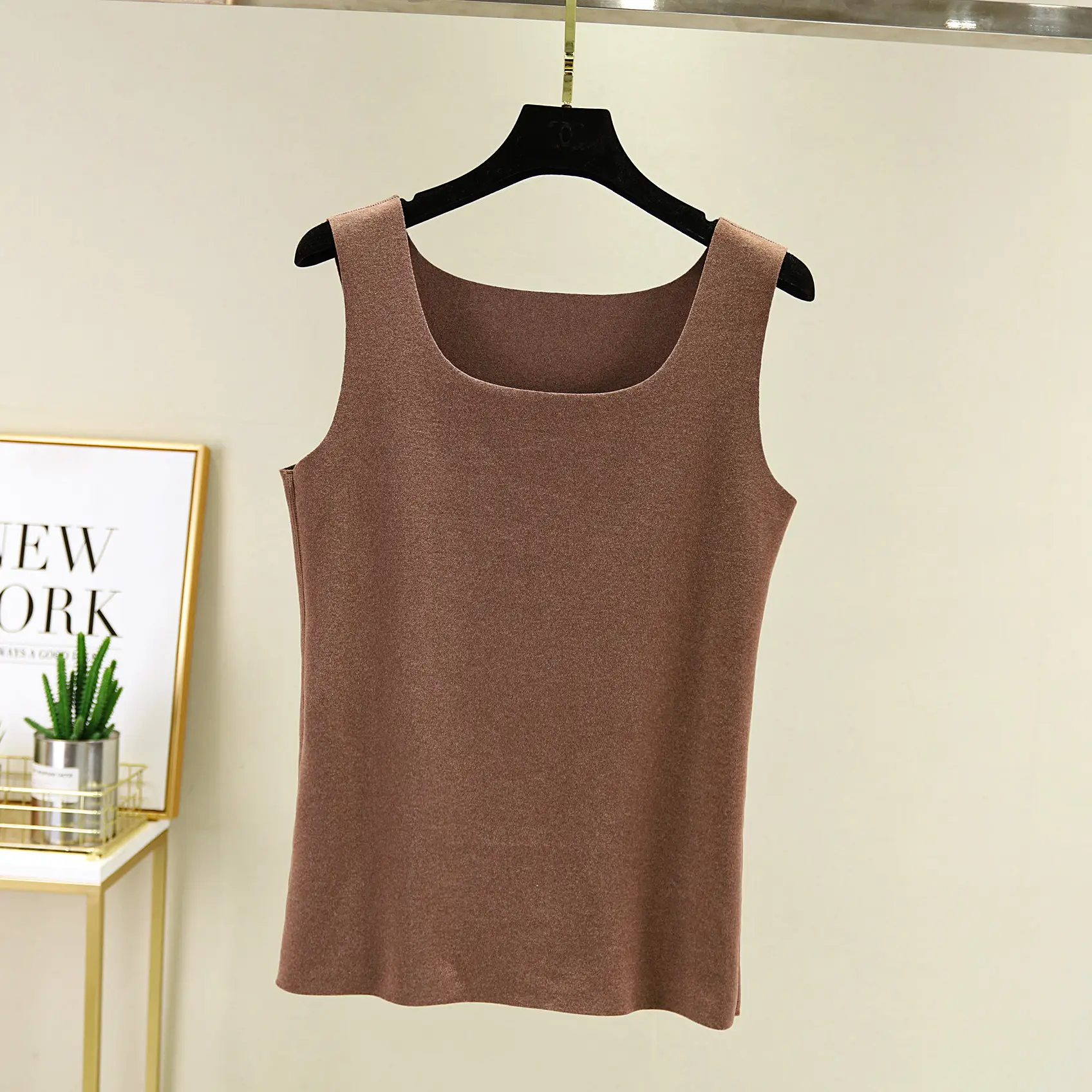 Korean Style Velvet Vest for Women Solid Beige - Image 11