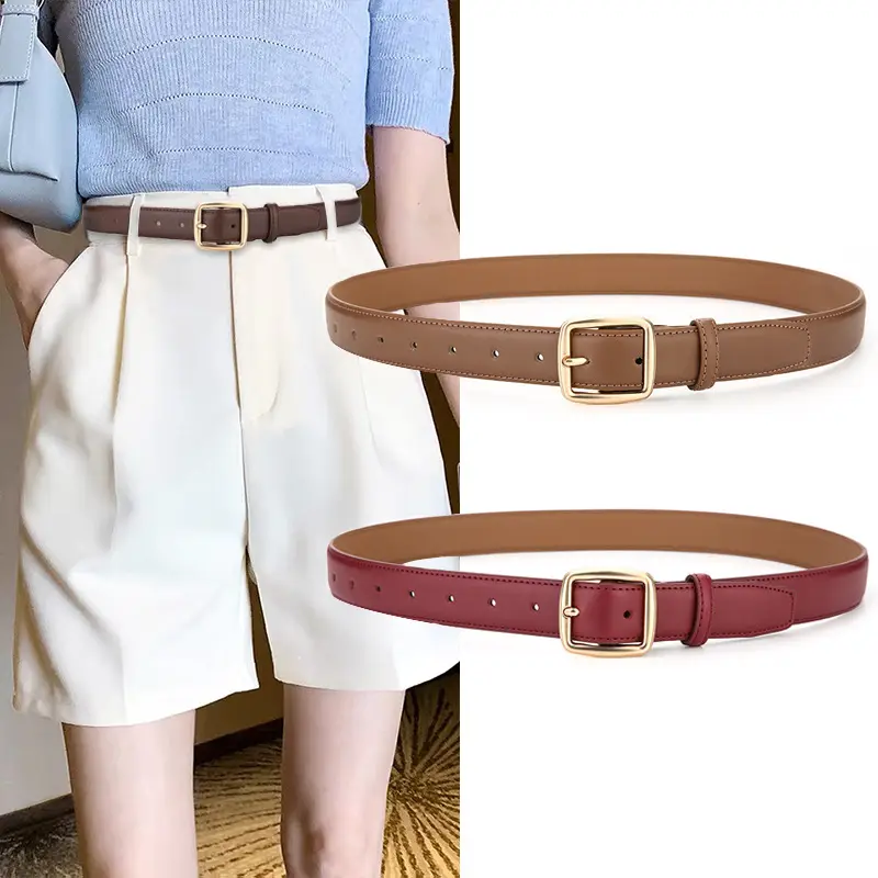 Women's Genuine Leather Belt Tan with Gold Buckle - Image 6