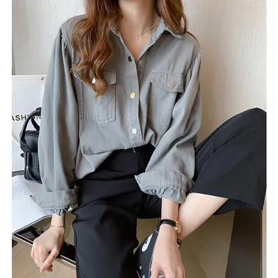 White Loose Long Sleeve Women's Shirt Denim Bottom - Image 6