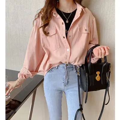 White Loose Long Sleeve Women's Shirt Denim Bottom - Image 2