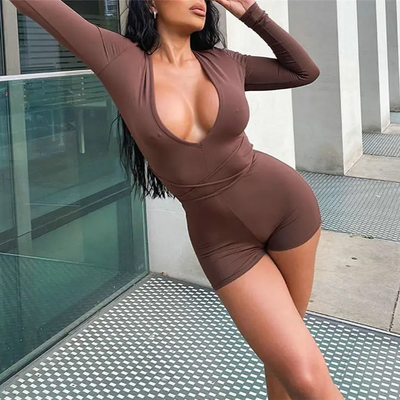 2024 Brown Slim Backless Jumpsuit Low Cut Drawstring Strappy